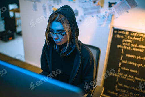 Preview: high angle view of female hacker developing malware under blue light