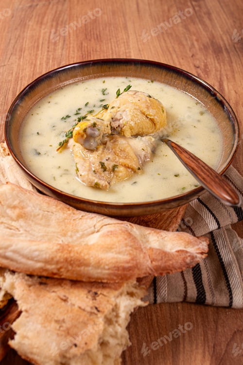Preview: Chikhirtma chicken soup, Georgian dish, with lavash, top view, no people,