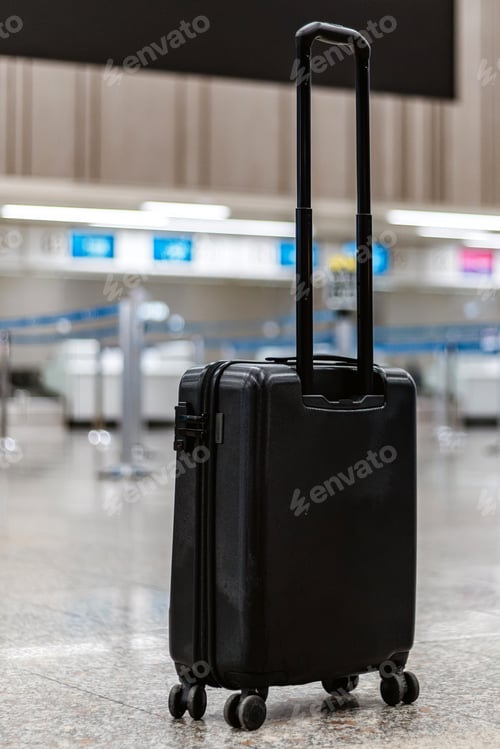 Preview: Black rolling suitcase in an empty airport terminal during daytime travel rush