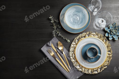 Preview: Elegant table setting and space for text on dark background, top view