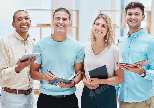 Preview: Motivation, diversity and a team of business people with tablet, notebook and smile. Motivated, you