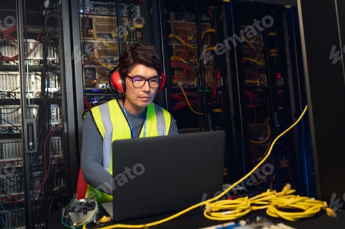 Preview: Asian male engineer wearing ear plugs using a laptop in computer server room