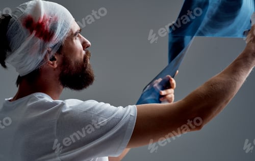 Preview: a patient with a bandaged head examines x-rays