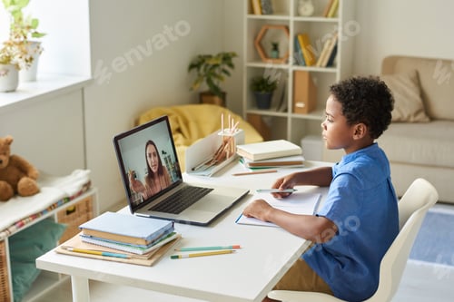 Preview: Boy Attends Online Class With Teacher on Laptop