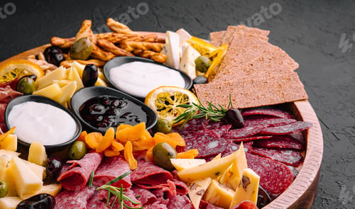 Preview: Wooden tray selection of italian antipasti