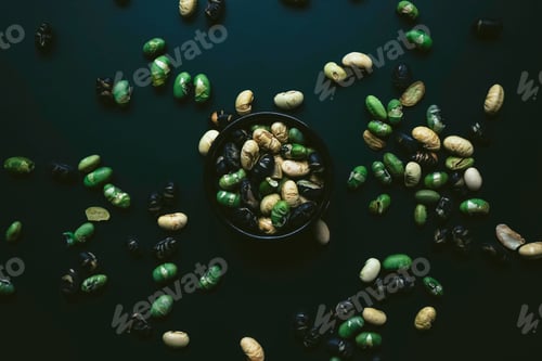 Preview: Elegant flat lay in dark tones of three color roasted edamame