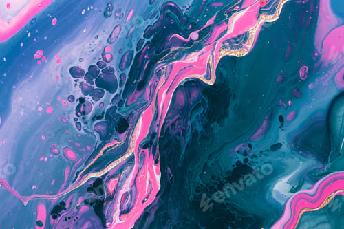 Preview: Neon pink wave with gold inclusion on aquamarine blue swirls. Fluid Art. Marble effect background