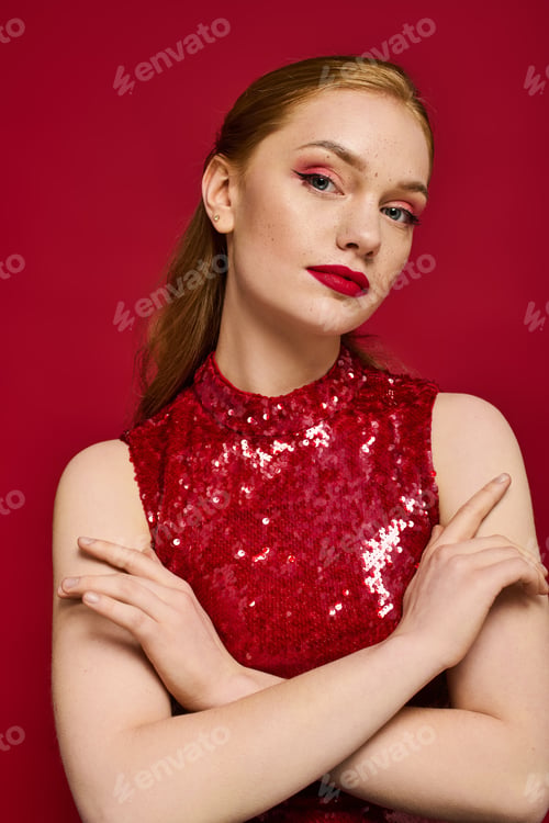 Preview: Elegant young woman posing against a vibrant red backdrop in a shimmering outfit