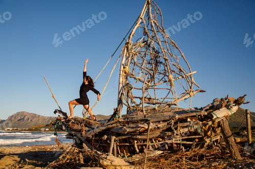 Preview: Young woman on decorative wooden ship near water on shore