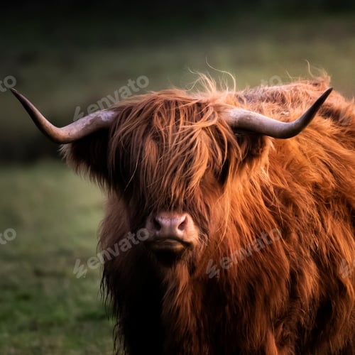 Preview: Closeup portrait shot of a long-haired brown bull with an angry look on its face, blurry background