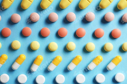 Preview: Different bright pills on color background, flat lay