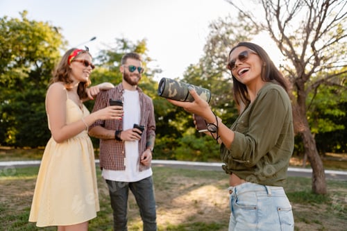 Preview: company of friends having fun together in park listening to music
