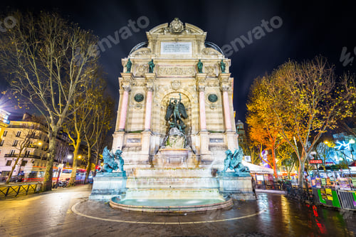 Preview: The Fontaine Saint-Michel At Night, In Paris, France.