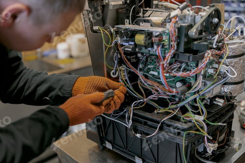 Preview: Repairman with screwdriver fixing coffee machine at table indoors