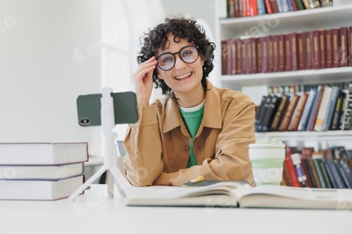 Preview: millennial Spanish woman with wavy hair works at a laptop in a modern library or office