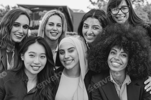 Preview: Multiethnic business women smiling on camera - Black and white editing