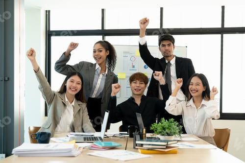Preview: Portrait success and team work concept. Group of business partners with raised up hands in light