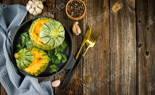 Preview: Stuffed zucchini with cheese on a wooden table. Baked vegetables. View from above. Copy space.