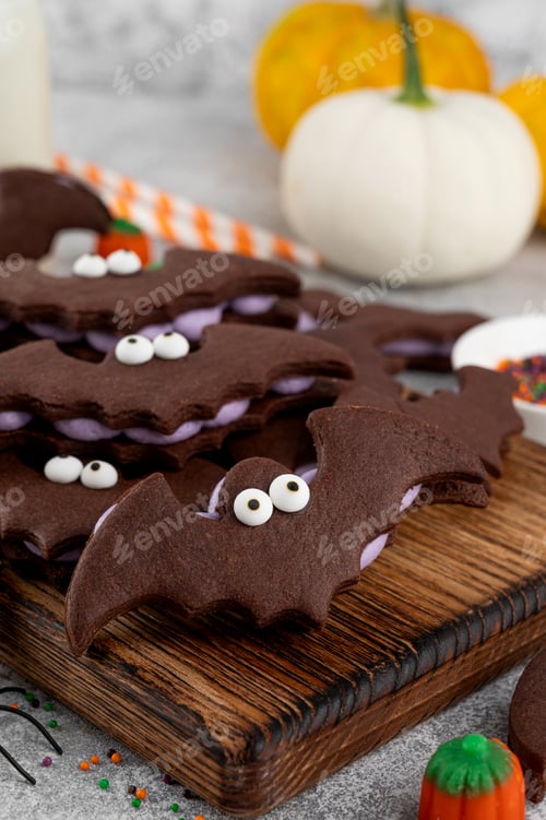 Preview: Halloween cookies. Chocolate sandwich cookies in the shape of a bat with eyes and butter cream
