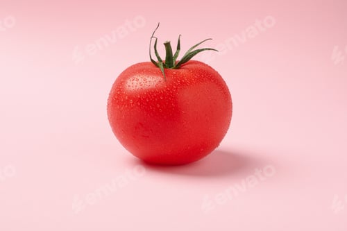 Preview: Fresh ripe tomato on pink background, close up