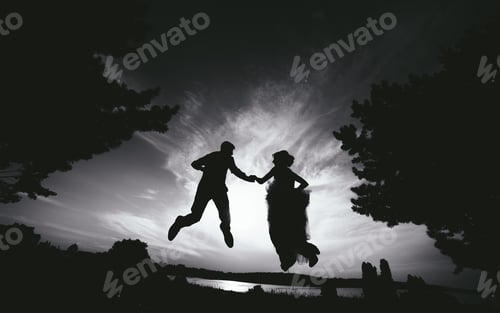 Preview: groom and bride jumping against the beautiful sky