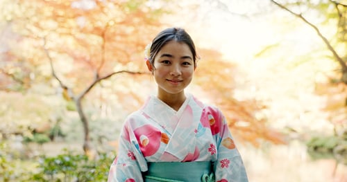 Preview: Culture, park and portrait of Japanese woman for wellness, fresh air and relax outdoors in nature.