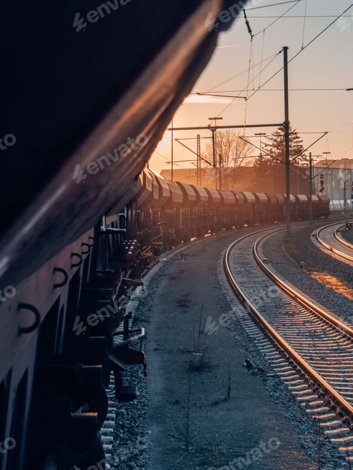 Preview: Cargo train on railways at sunset