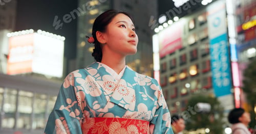 Preview: Thinking, Japanese woman and peace with decision, journey and opportunity with traditional clothes,