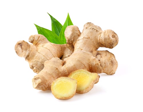 ginger with leaf isolated on white background. depth of field