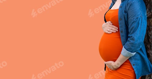 Preview: Pregnant woman in orange dress and jeans shirt hold her big tummy with hands on orange background.