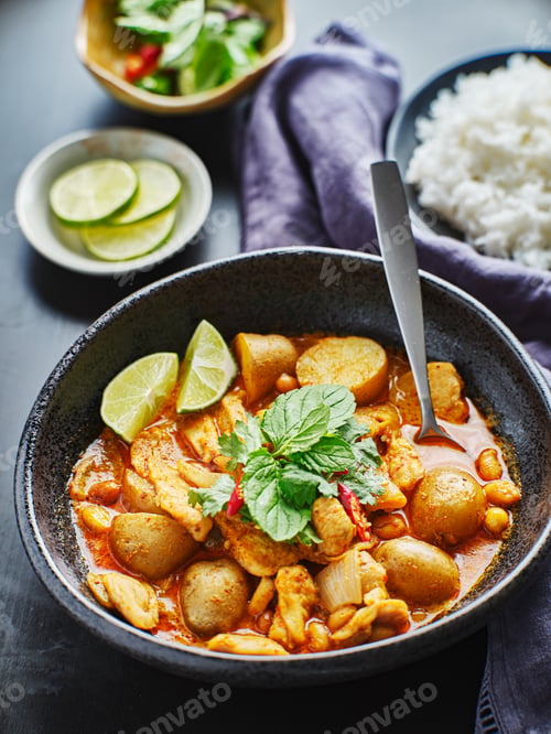 Preview: thai massaman curry with chicken and potatoes in bowl