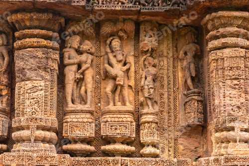 Preview: Closeup of Detail of carving people decorating on Ancient Sun Temple at Konark, Orissa, India