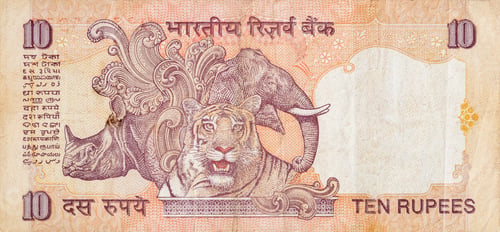 Preview: Elephant Rhinoceros and tiger depicted on Indian bank note ten rupees