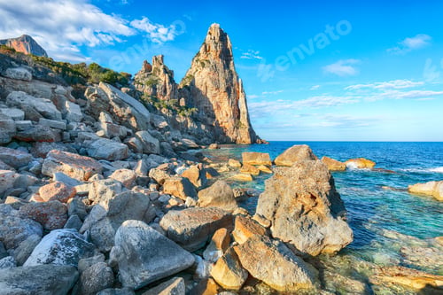 Preview: Remarkable view of Punta Pedra Longa and azure water in sea.