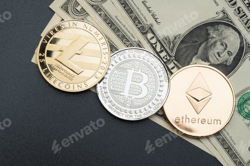 Preview: cryptocurrency Silver and gold Bitcoin,litecoin,ethereum on dollar