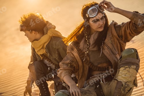 Preview: Post apocalyptic Woman and Boy Outdoors in a Wasteland