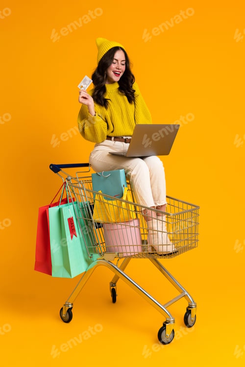 Preview: White woman using laptop while sitting in shopping cart