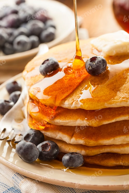 Preview: Homemade Buttermilk Pancakes with Blueberries and Syrup
