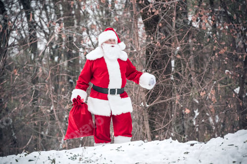 Preview: Santa Claus walking from the forest with red sack full of gifts