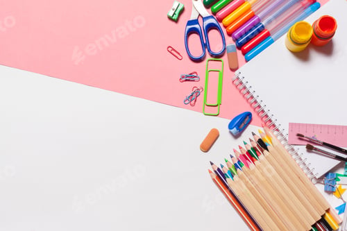 Preview: Colorful school supplies top view