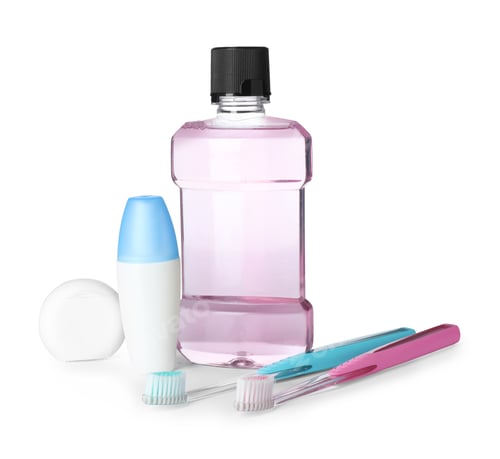 Preview: Items for teeth care and personal hygiene on white background