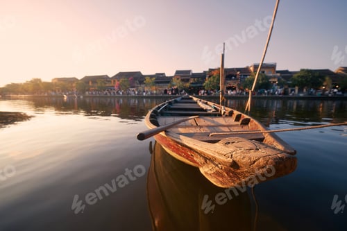 Preview: Close-up wooden boat moored in ancient city Hoi An