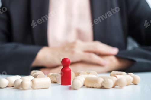 Preview: Businesswoman hand pulling leader man wooden from crowd of employees. Toxic People, Human resource