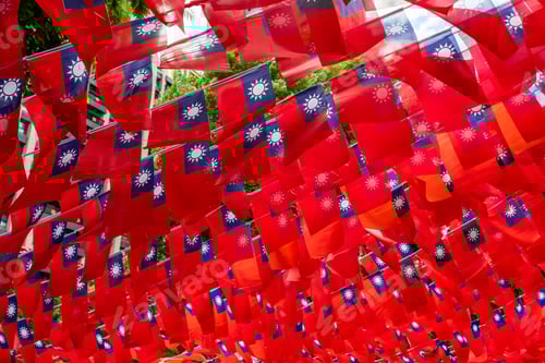 Preview: Festive Red and Blue Flags in a City