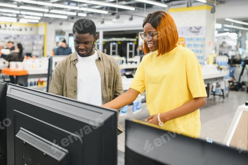 Preview: African american Couple buying television at store