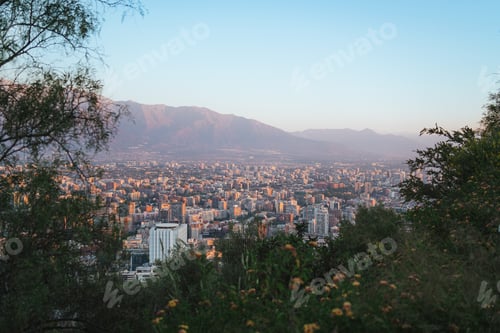 Preview: Santiago de Chile skyline from San Cristobal hill. Andes mountain range on the background