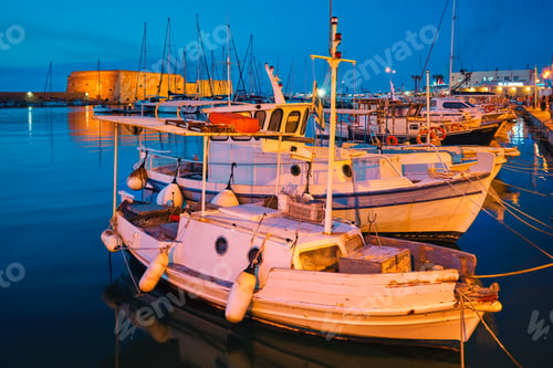 Preview: Venetian Fort in Heraklion and moored fishing boats, Crete Island, Greece
