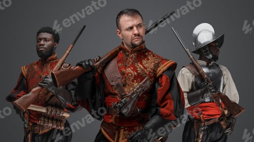 Preview: Handsome conquistador with two guards against grey background