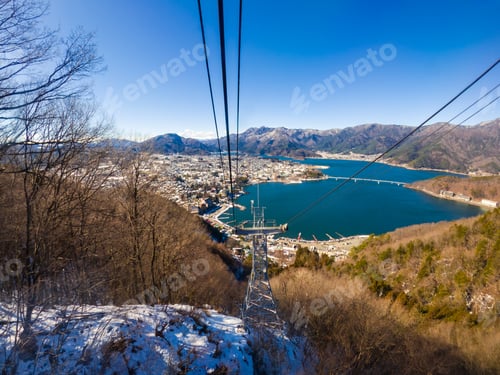 Preview: Kawaguchiko lake and snow mountain at Fujyoshida town take from ropeway