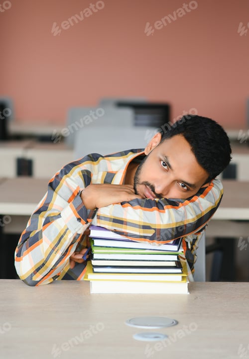 Preview: Young indian student boy reading book studying in college library with bookshelf behind.